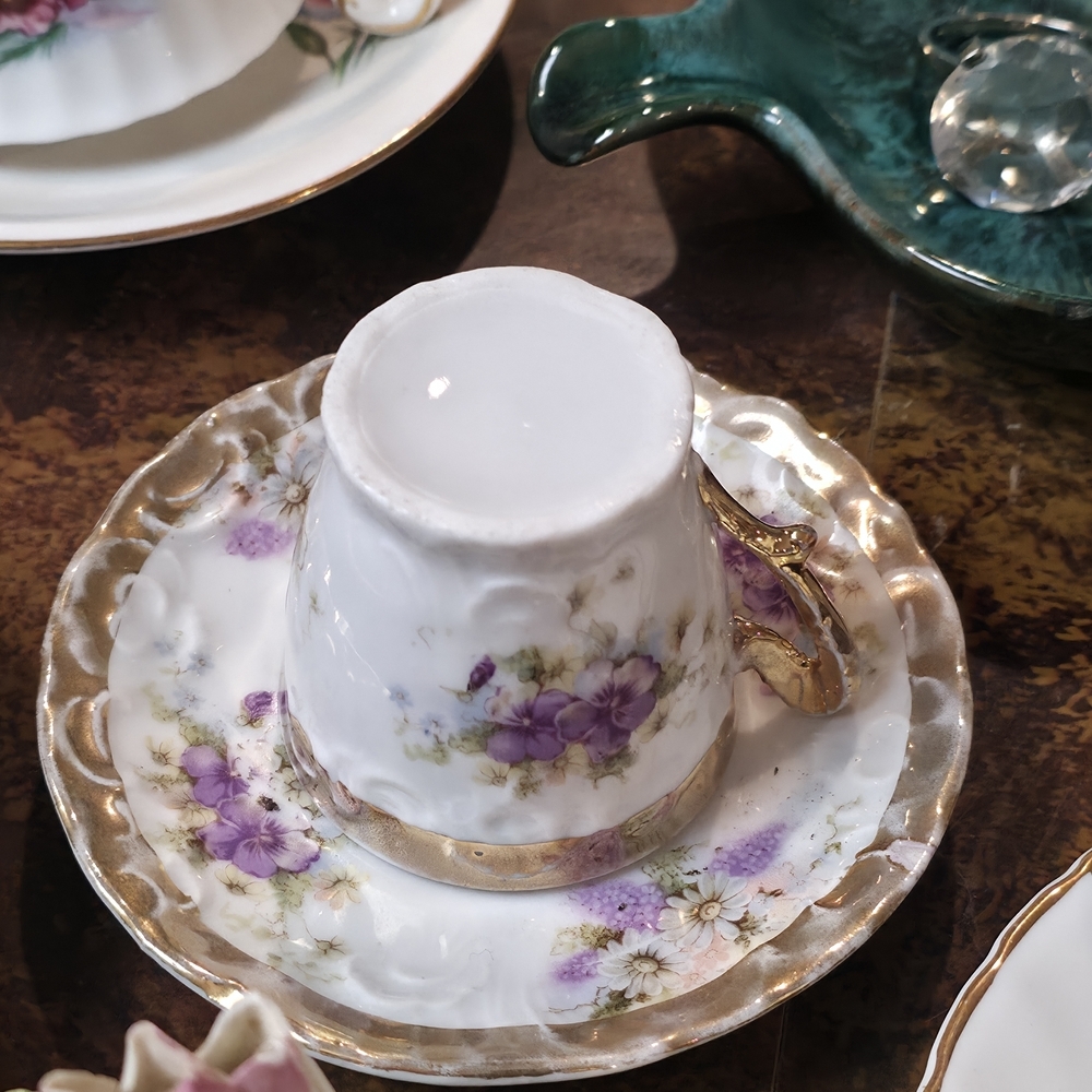 Vintage Unmarked Demitasse Cup & Saucer Purple Violets Embossed Heavy Gold Trim